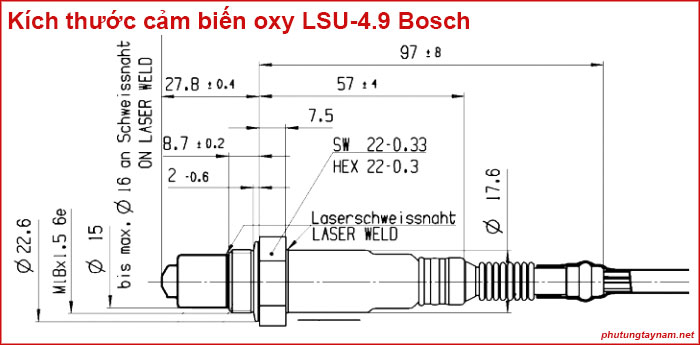Kích thước cảm biến oxy Bosch LSU-4.9 (5 dây)